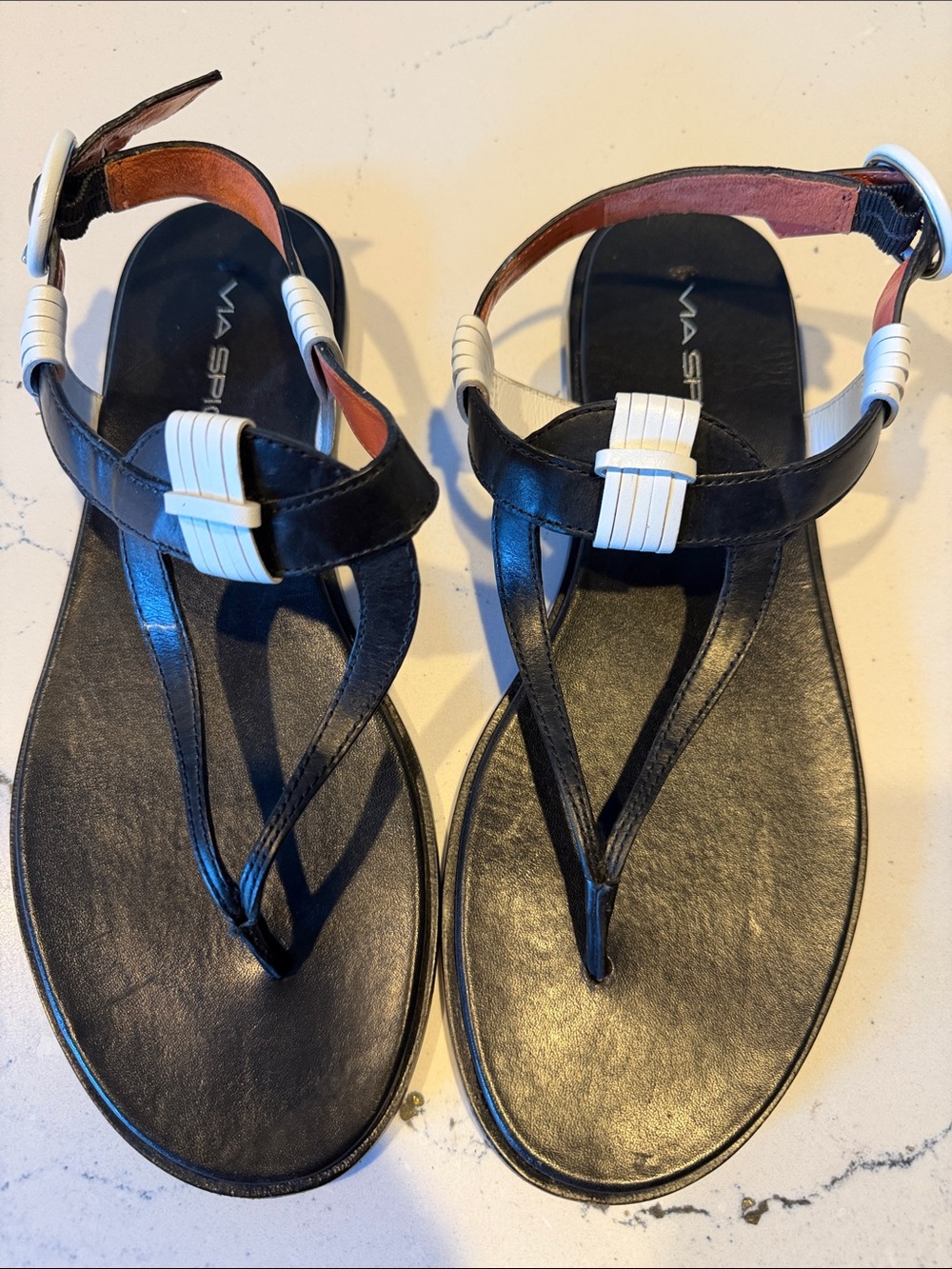 Via Spiga Black and White Leather T-Strap Sandals. Wore once